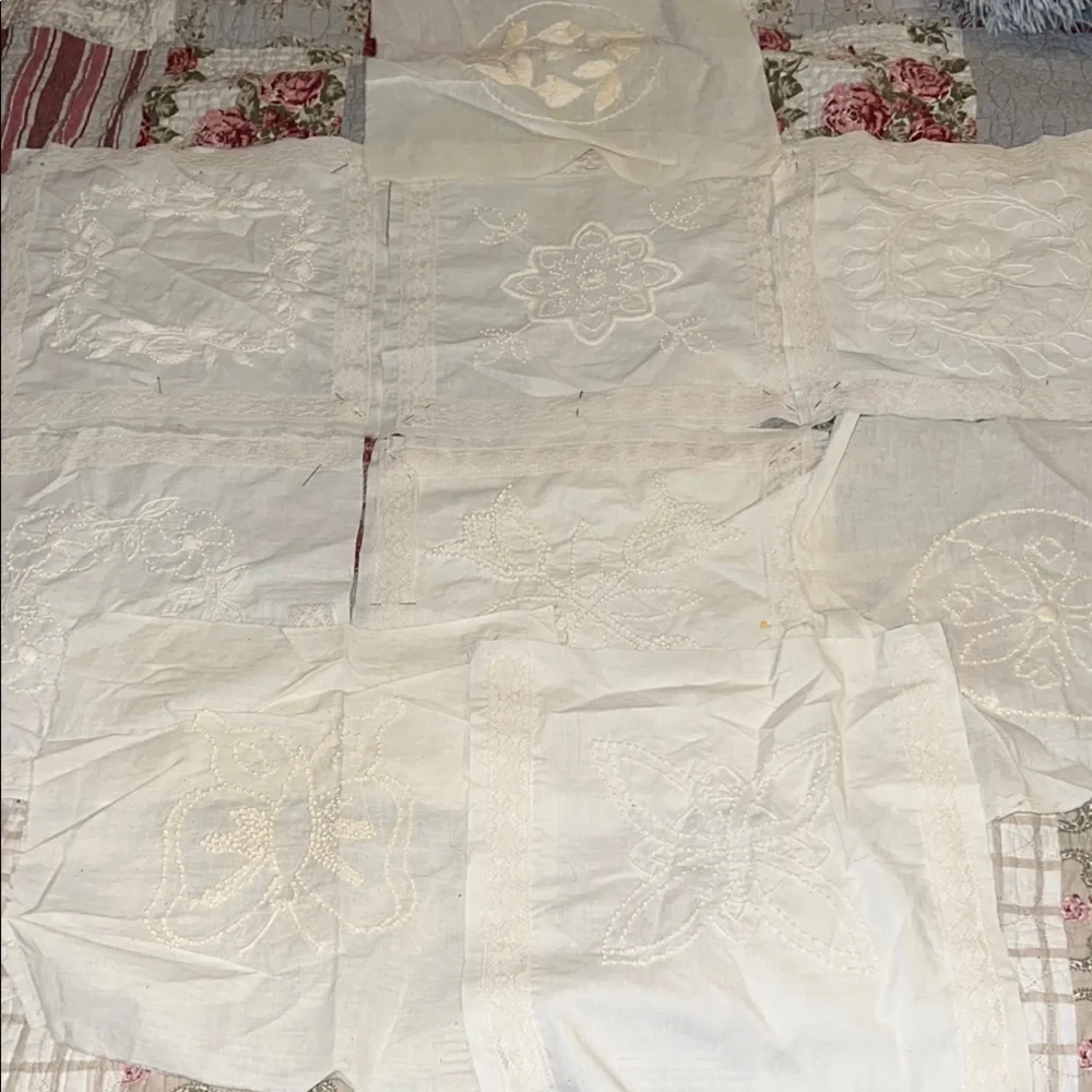 Lot 9 French hand Embroidered cream quilt Squares